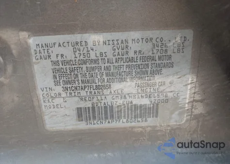 2015 Nissan Versa 1.6 Sv z USA, uszkodzony, nr VIN 3N1CN7AP7FL802658